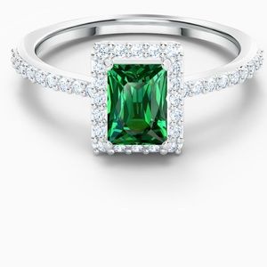 Swarovski Authentic Angelic Rectangular Ring, Green, Rhodium Plated, Size 55